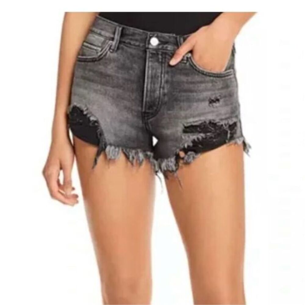 Free People Loving Good Vibrations Washed Black Frayed Denim Cut-Off Shorts 31